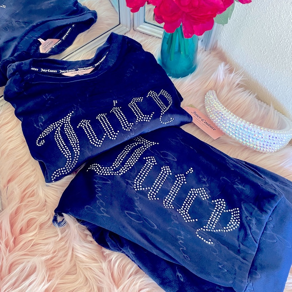 Juicy Couture Navy Jogger Loungewear Rhinestone Embellished Set